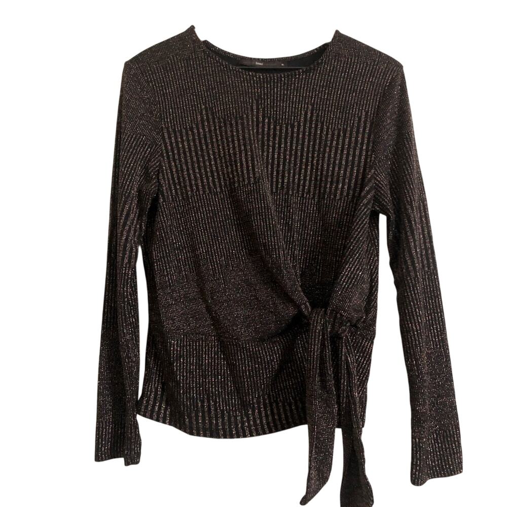 Hazel Black Sparkly Metallic RIb Knit Long Sleeve Tie Front Blouse Top XL
